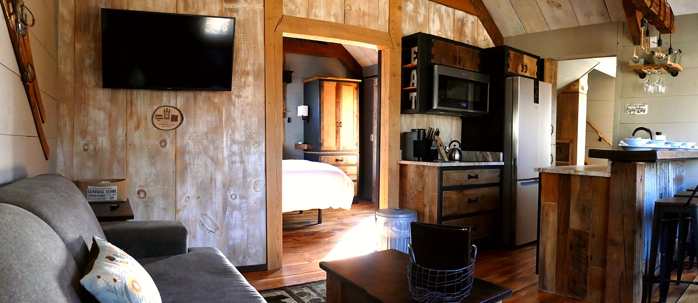 Open-concept living room with handcrafted timber walls, couch, and mountain lodge decor