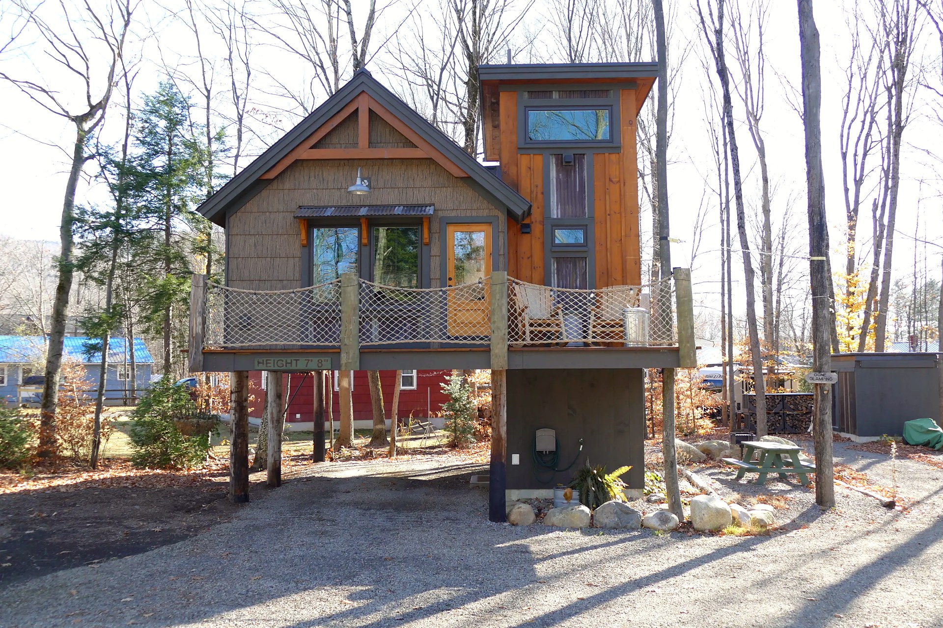 The Majestic Timber Cottage — a treehouse on stilts among the trees in Lincoln, NH